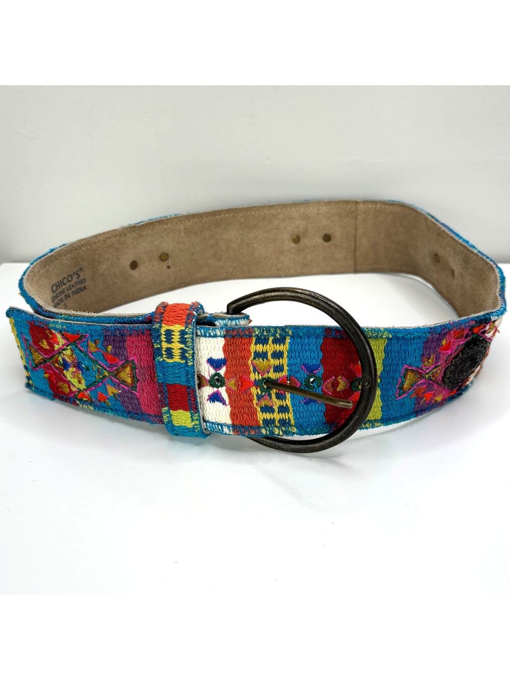 Chico's suede leather / embroidered belt Small wide southwestern boho chunky